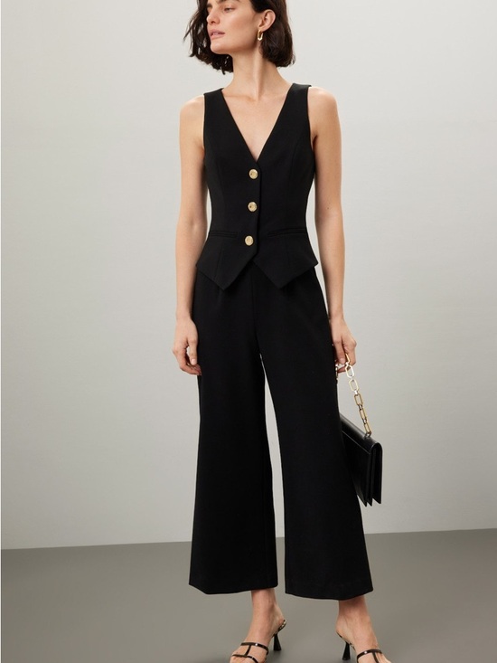 Black Pants - Black Wide-Leg Jumpsuit with Tailored Vest